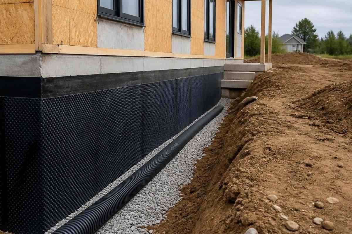Drenaż wokół domu - rura drenarska na podsypce żwirowej w wykopie przy fundamencie budynku